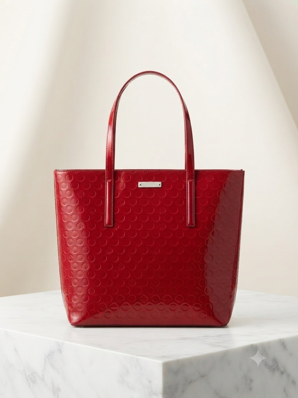 Kate Spade Rehab Red Patent Tote with Embossed Spades and Circles